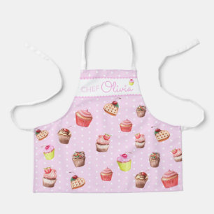 Tablier Cupcake personnalisé de chef aux pois roses mignon