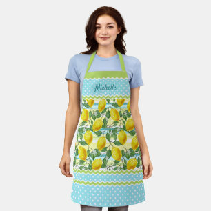 Tablier Custom Cute Yellow Lemons Green Leaves On Blue