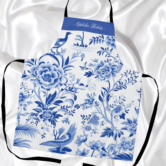 Tablier Custom Name Blue Chinoiserie Floral Kitchen Apron