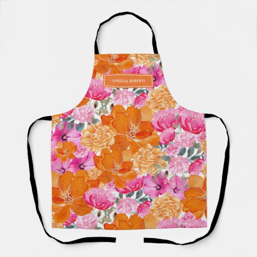 Tablier Custom Name Bright Orange Pink Floral Kitchen (Recto)