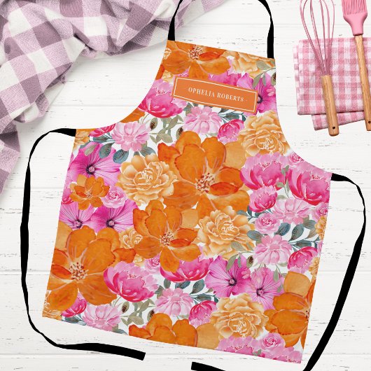 Tablier Custom Name Bright Orange Pink Floral Kitchen