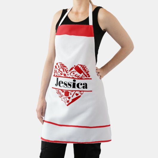 Tablier Custom Name Cooking Apron with Red Heart Design (Insitu)
