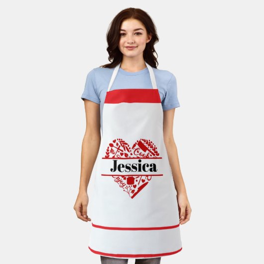 Tablier Custom Name Cooking Apron with Red Heart Design (Porté)