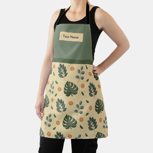 Tablier Custom Name Cream and Sage Green Botanical Apron (Insitu)