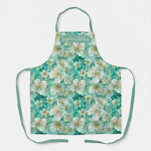 Tablier Custom Name Script Kitchen Floral Green Coffee (Recto)