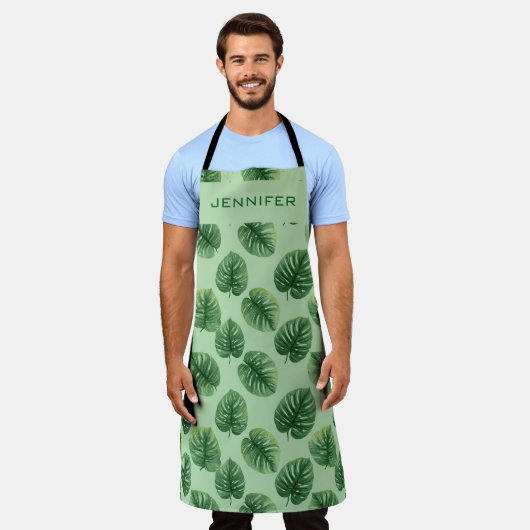Tablier Custom Watercolor Monstera Leaf Pattern Name (Porté)