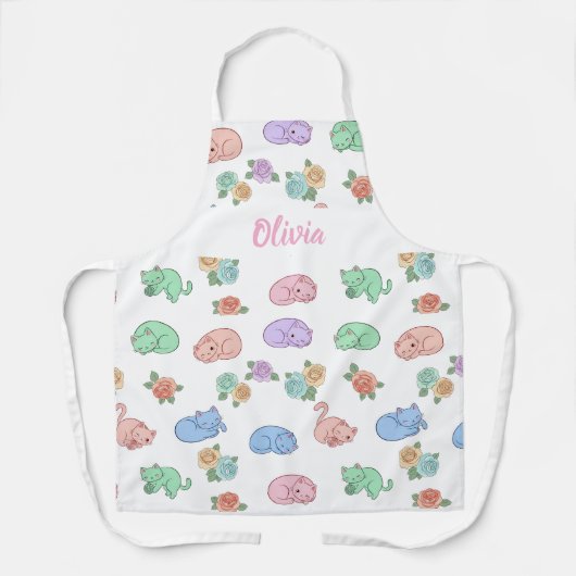 Tablier Customizable Pastel Cat and Rose Pattern Apron (Recto)