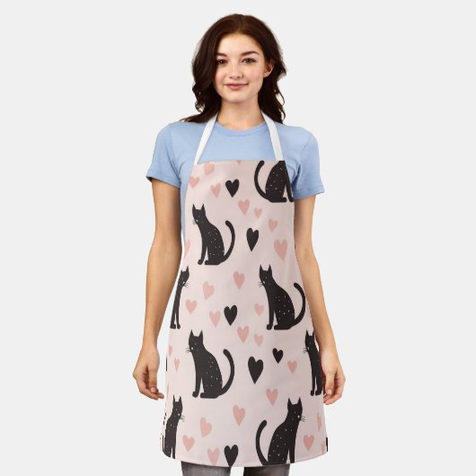 Tablier Cute Black Cat Motif Apron - Coeurs & Whiskers (Porté)