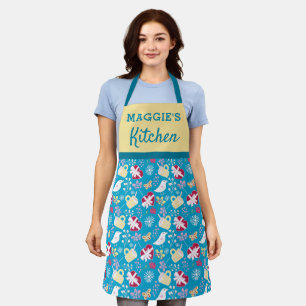 Tablier Cute Bleu Rétro Teacup Coeurs Oiseaux Motifs Femme