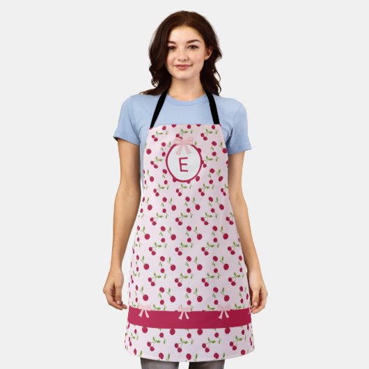 Tablier Cute Cherry Coquette Pink Custom Monogram (Porté)