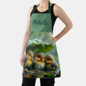 Tablier Cute fluffy birds hiding under leaf in rain (Insitu)