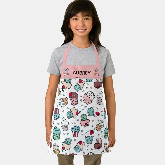 Tablier Cute Hand Drawn Cupcake Pattern Add Name (Insitu)
