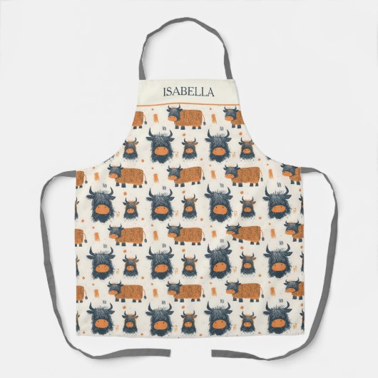 Tablier Cute Highland Cows Orange Grey Personnalisé (Recto)
