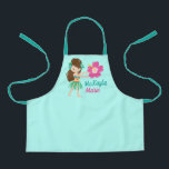 Tablier Cute Hula Dancer Hawaiian Girl Teal Monogram Kids<br><div class="desc">A cute custom hula girl apron with a pretty child in a green hula skirt and hibiscus flowers in her brunette hair. Customize with your little girl's name for a beautiful personalized gift in teal.</div>