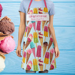Tablier Cute Ice Cream Cone Popsicle Texte Personnalisé Es<br><div class="desc">Un tablier amusant avec un motif de cônes de crème glacée et de popsicles et deux lignes de texte personnalisé. Ajoutez le nom d'une personne, le nom du restaurant ou du magasin de crème glacée ou supprimez le texte et le rectangle et utilisez simplement le motif. Parfait pour les fêtes...</div>