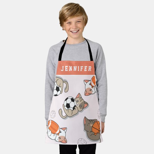 Tablier Cute Kawaii Kittens & Sports Balls Filles Nom Enfa (Porté)