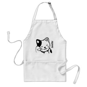 Tablier Cute noir et blanc Kitty Chat Waving Bonjour