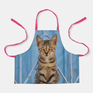 Tablier Cute Nosy Tabby Chat Kitten assis dans une clôture