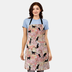 Tablier Cute Paris Café Chats Noirs Sur Motif Rose & Or