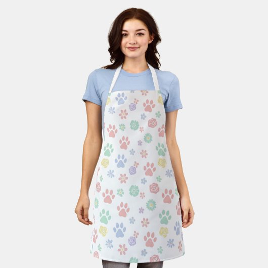 Tablier Cute Pastel Paw Prints and Flowers Pattern (Porté)