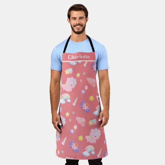 Tablier Cute rose doux dinosaure arc-en-ciel Motif Ajouter (Porté)