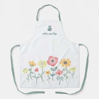 Tablier Cute Watercolor Wildflowers with Monogram Apron