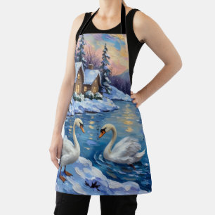 Tablier Cygnes vintage sur un lac hivernal - Peinture de N