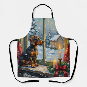Tablier Dachshund vintage devant une fenêtre de Noël cosy