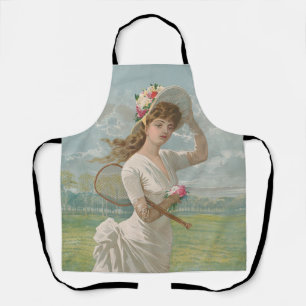 Tablier Dame de tennis victorienne avec chapeau fleuri Ant