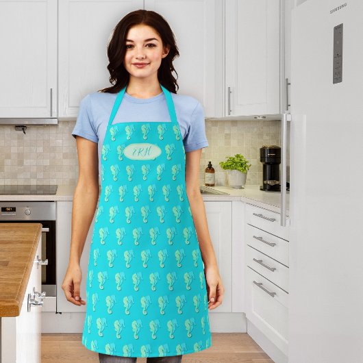 Tablier de chef monogrammé motif hippocampes bleu