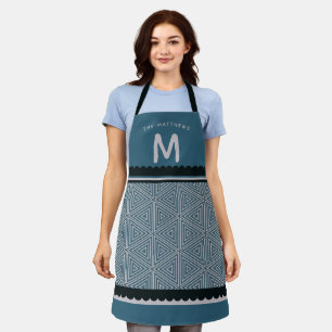 Tablier de cuisine géométrique bleu avec initiale