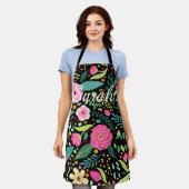 Tablier de cuisine noir et floral personnalisable (Porté)