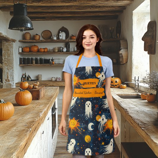 Tablier de Halloween bleu minuit avec fantômes et 