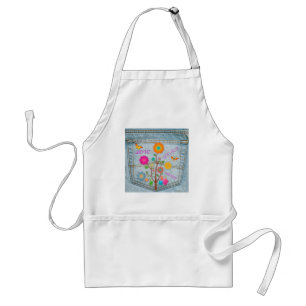 Tablier Denim Back Fleurs de poche Paix Aimer Espoir