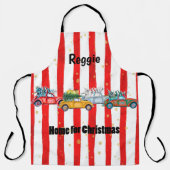 Tablier Design rayé de Noël rouge avec voitures et arbres (Recto)