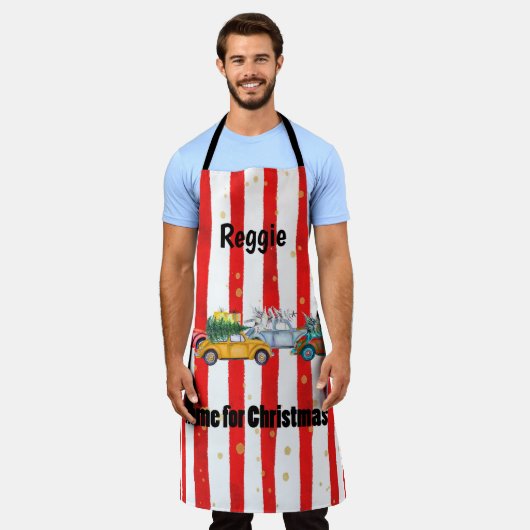 Tablier Design rayé de Noël rouge avec voitures et arbres (Porté)
