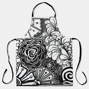Tablier Dessin floral zen noir et blanc à motifs