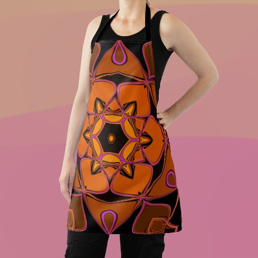 Tablier Dessin Mandala Fleur orange rose et noir