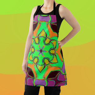 Tablier Dessin Mandala Flower vert orange et violet