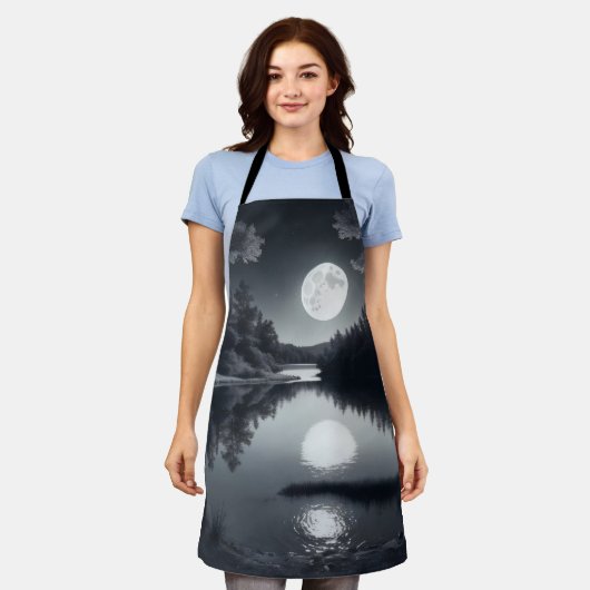 Tablier dessin noir et blanc, lac et étoiles (Porté)