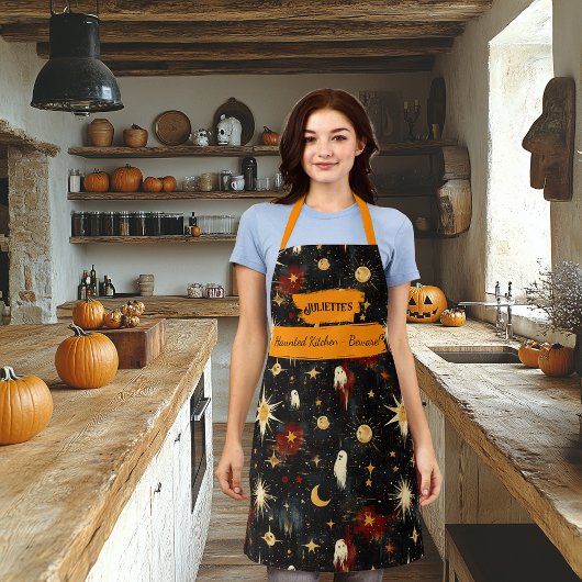 Tablier d'Halloween noir avec Fantômes, Étoiles, S