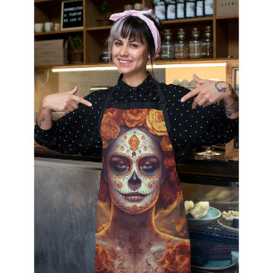 Tablier Dia de los Muertos visage doré peint