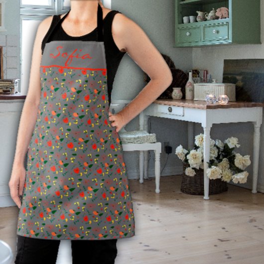 Tablier d'impression gris motif fleur sauvage