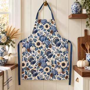 Tablier Dinde de Thanksgiving florale en chinoiserie bleu 