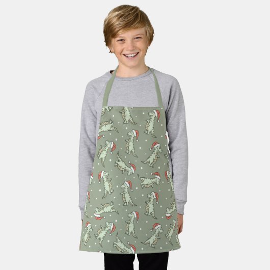 Tablier Dinosaur Christmas Boy Santa Claus Dino T-Rex Sage (Porté)