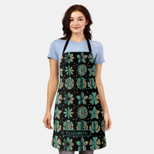 Tablier Doodle vert motif floral nom personnalisé