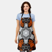Tablier Dot Mandala Flower blanc orange et noir (Porté)