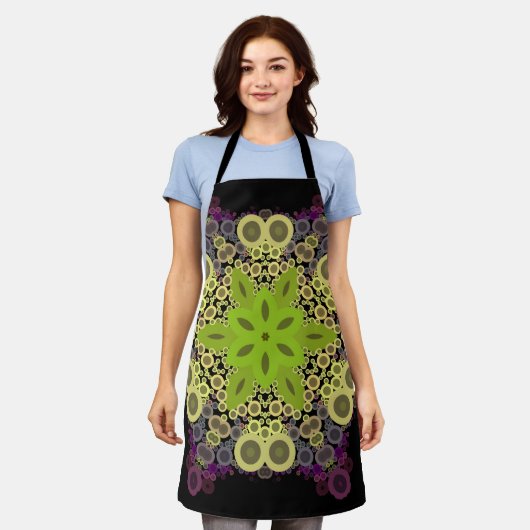 Tablier Dot Mandala Flower vert Jaune et violet (Porté)