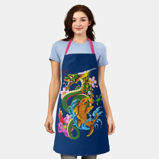 Tablier Dragon chinois vert Koi (Porté)