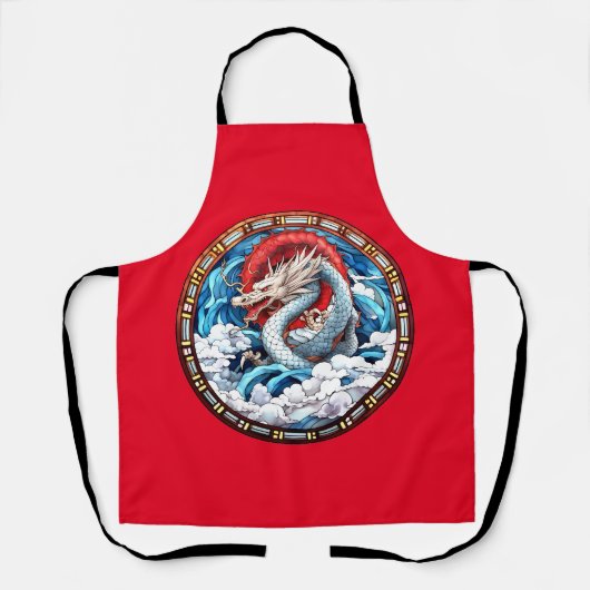 Tablier Dragon mythique asiatique en rouge et bleu (Recto)